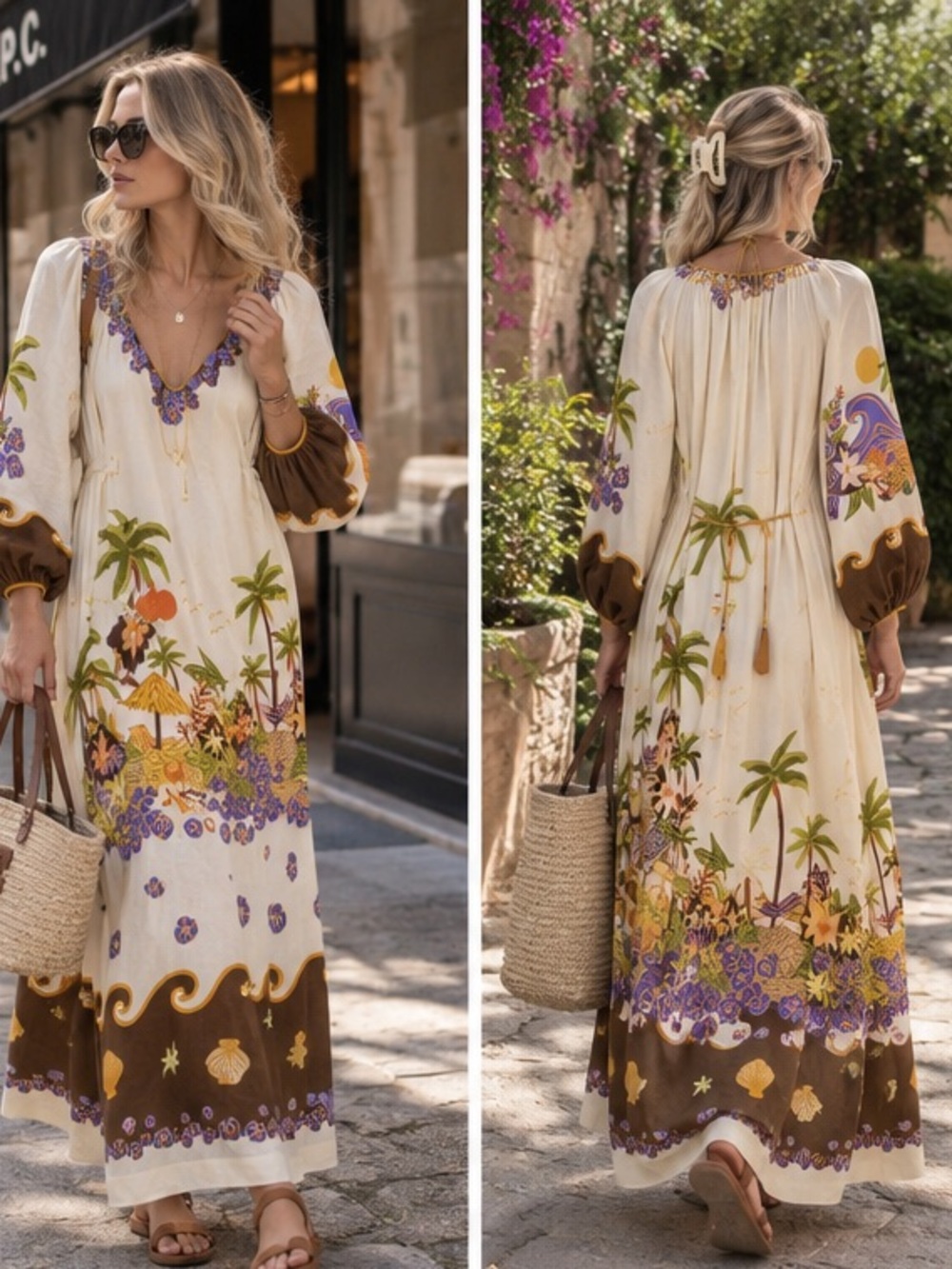 Alemais Cream Maxi dress with Brown & Purple Floral Trim